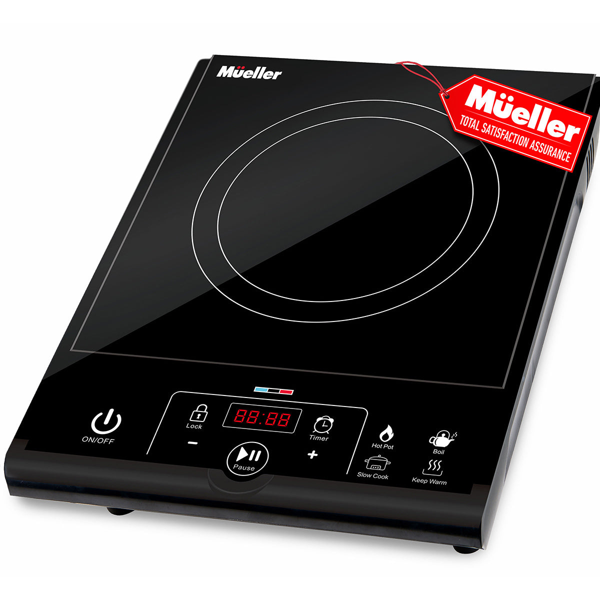 Black Mueller RapidTherm IC-711 portable induction cooktop with one marked cooking zone, LED timer and touch controls for Hot Pot, Boil, Slow Cook and Keep Warm