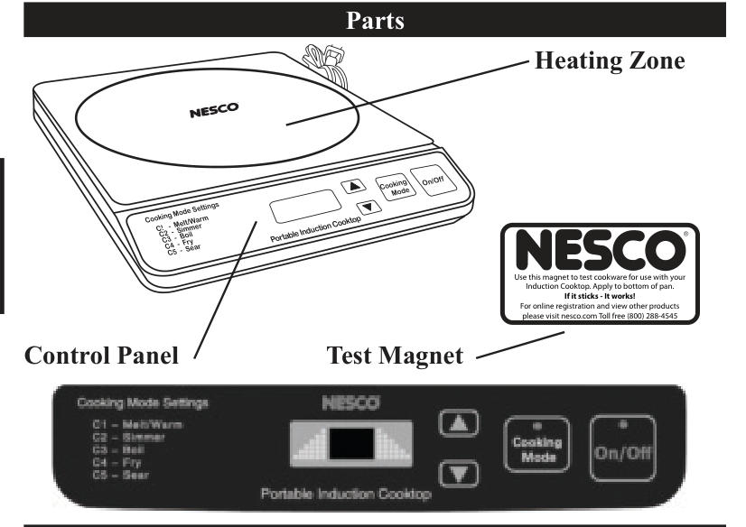 NESCO PIC-14 manufacturer manual line illustration showing one cooktop zone, front controls and a test magnet; not a product photograph