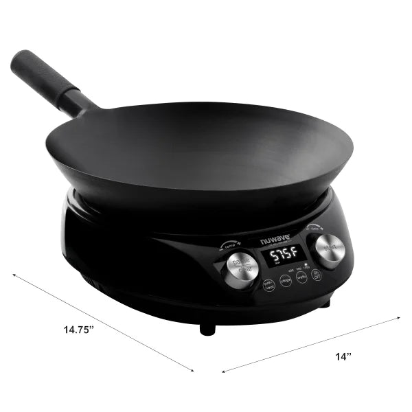 Black Nuwave 80070CT matched-wok induction base with its 14-inch curved carbon-steel wok, 575°F display and size annotation