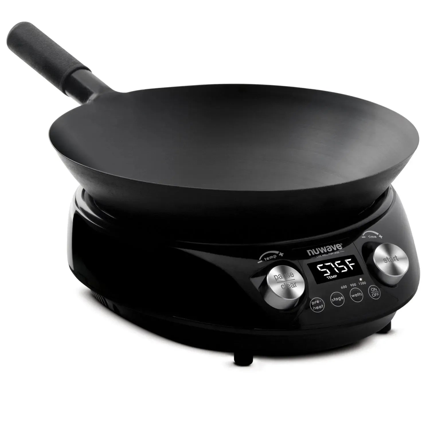 Black Nuwave Mosaic induction base and matched 14-inch carbon-steel wok, front digital controls visible