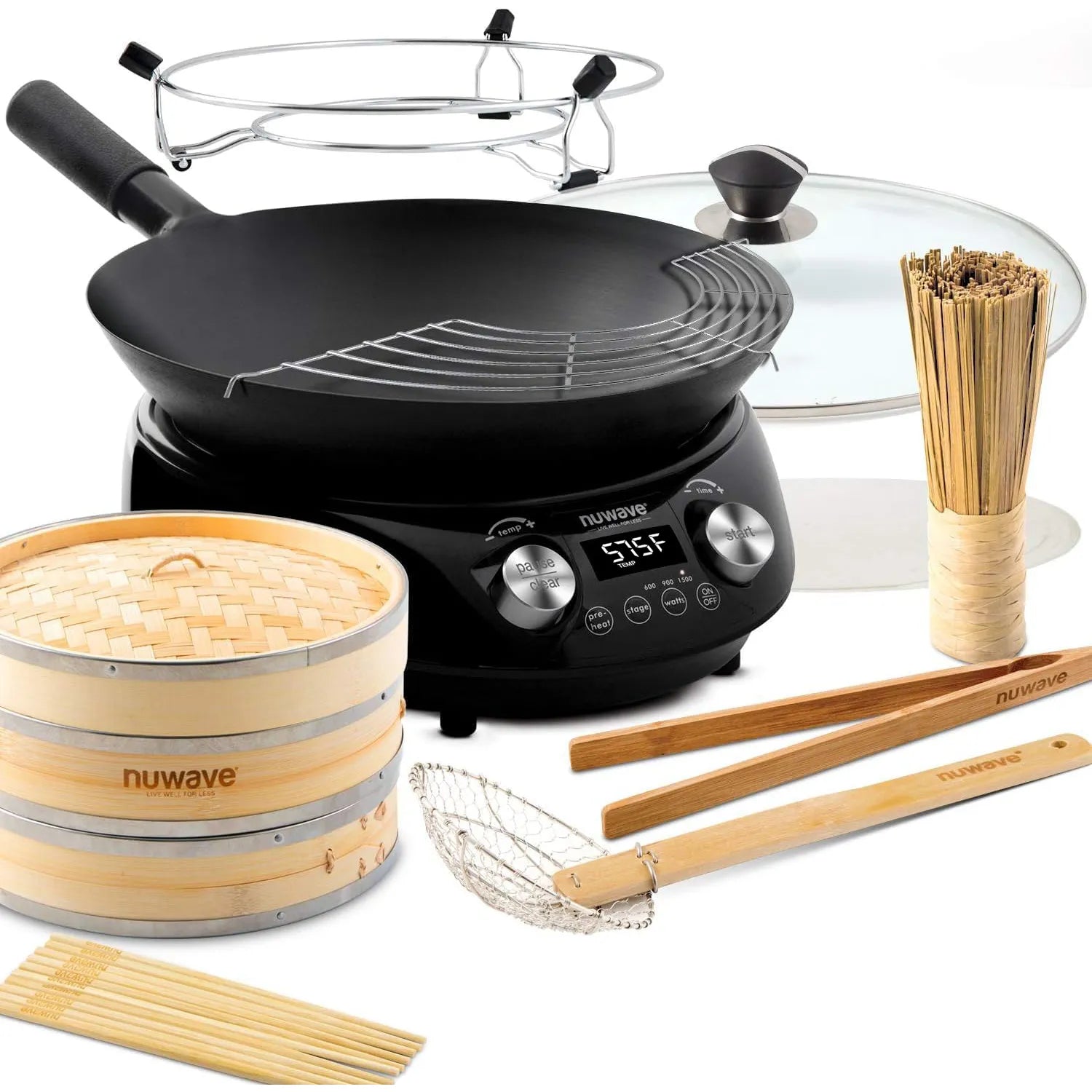 Black Nuwave Mosaic induction wok set with the eight-piece bamboo accessory kit arranged around the cooker