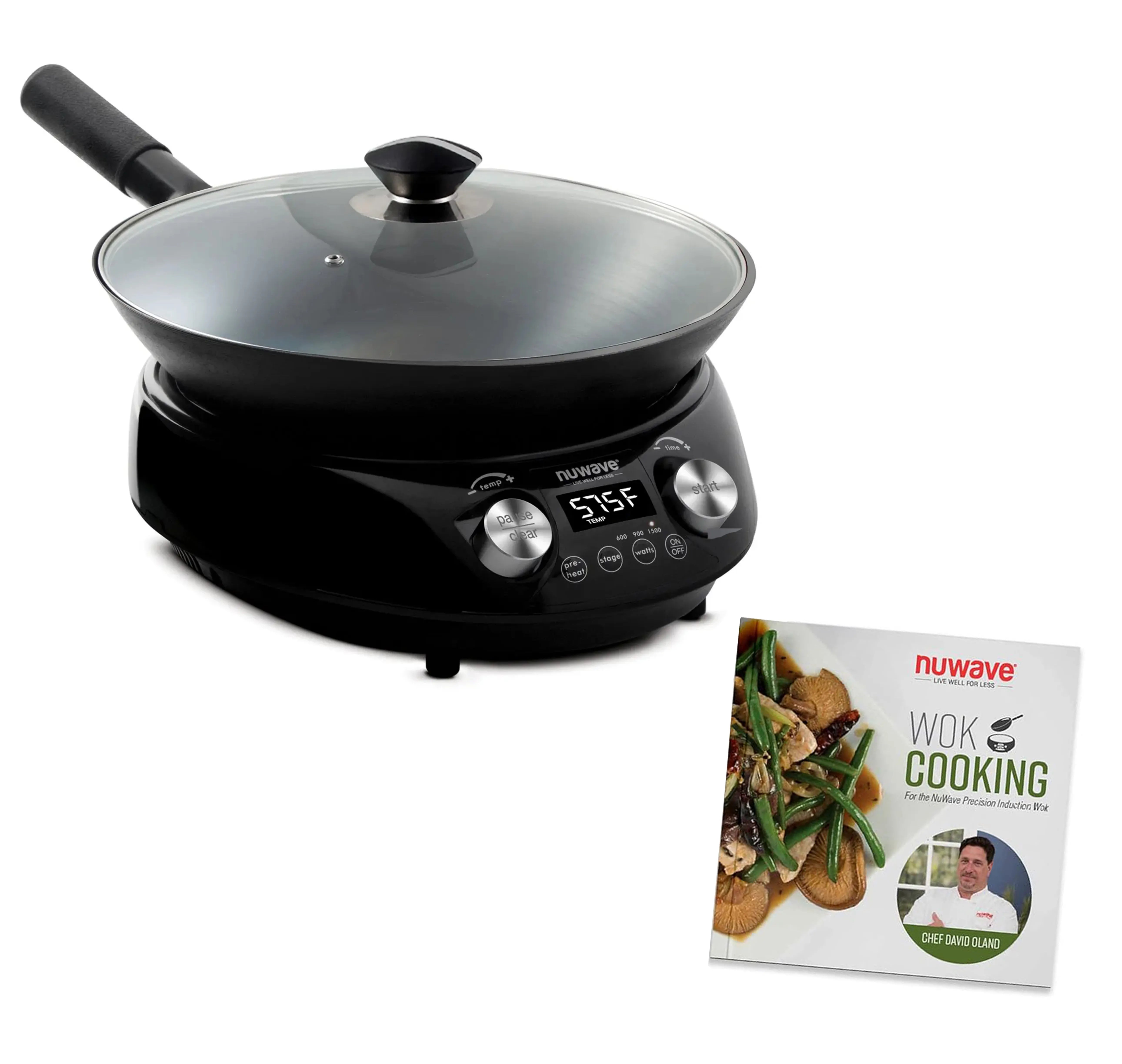 Black Nuwave Mosaic induction wok set with the additional Wok Cooking cookbook shown beside it