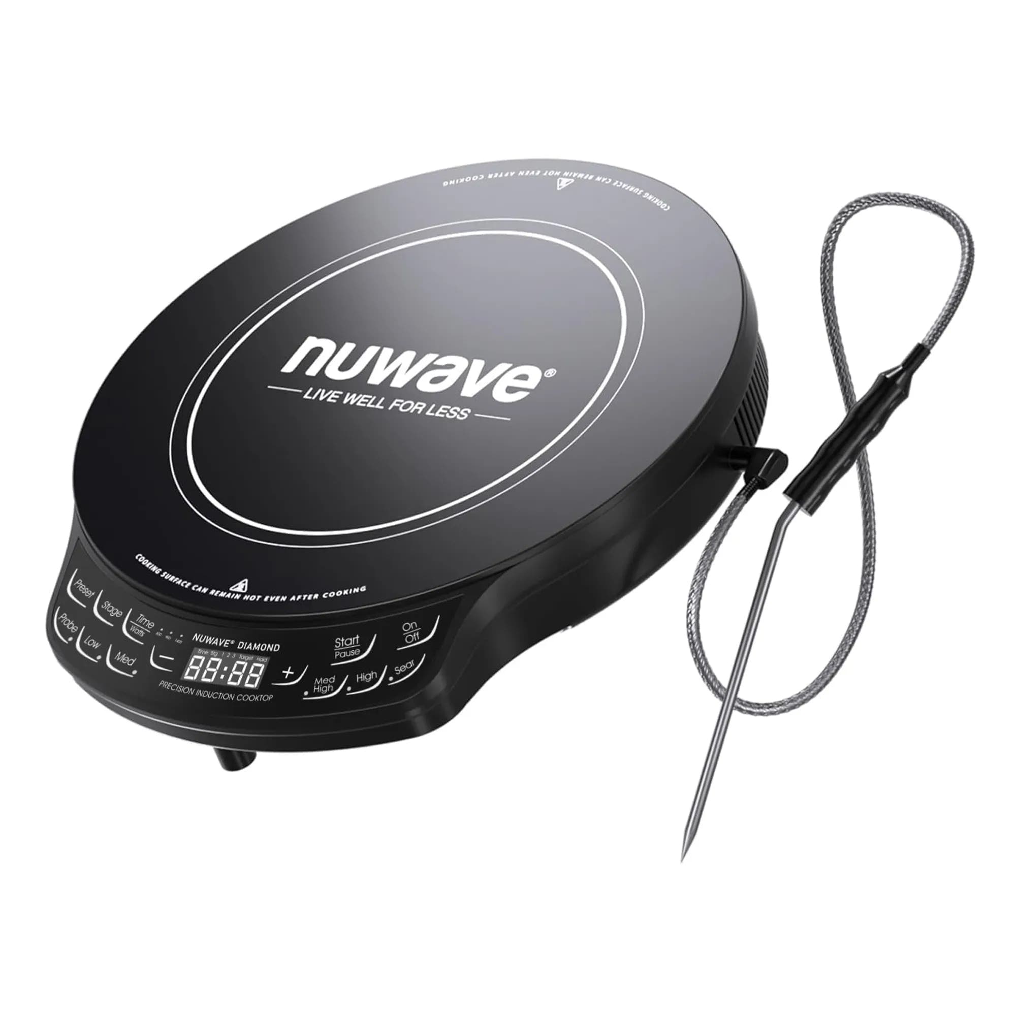 Black Nuwave PIC Diamond single-zone cooktop; its exact-model guide documents probe operation, but the separate pictured probe is not confirmed as a retail-package inclusion.