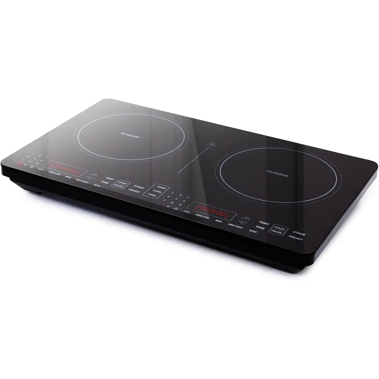 Black Nuwave PIC Double Pro 30603 cooktop with two marked induction zones and separate touch-control areas