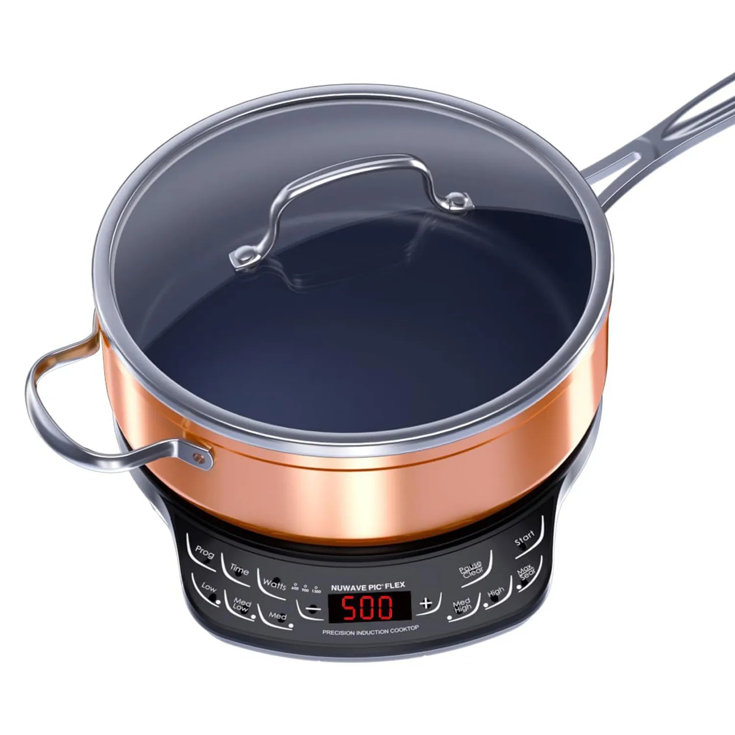 Black Nuwave PIC Flex cooktop with selected copper-colored 4-quart pan, illustrated with lid