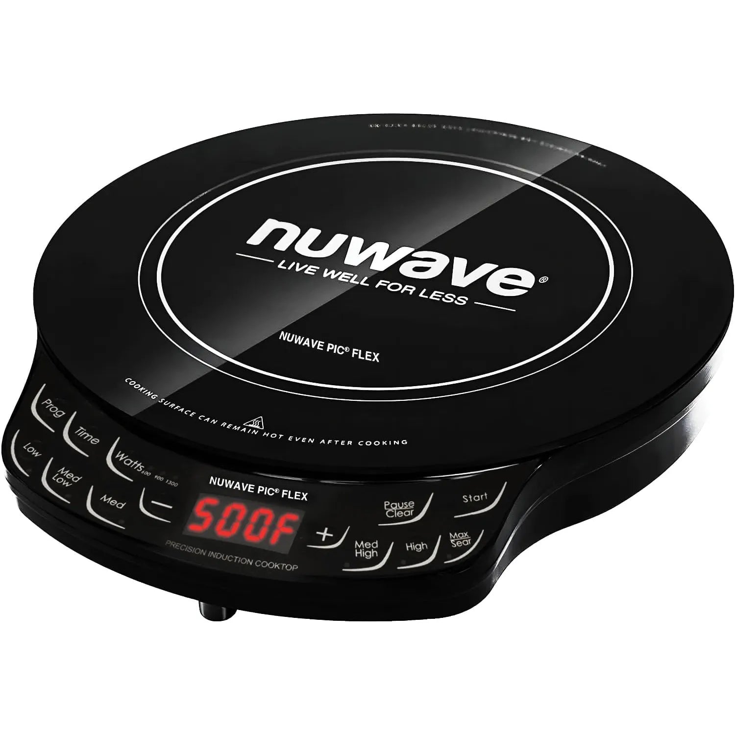 Black Nuwave PIC Flex 30501 base cooktop with circular glass cooking surface and red digital control display