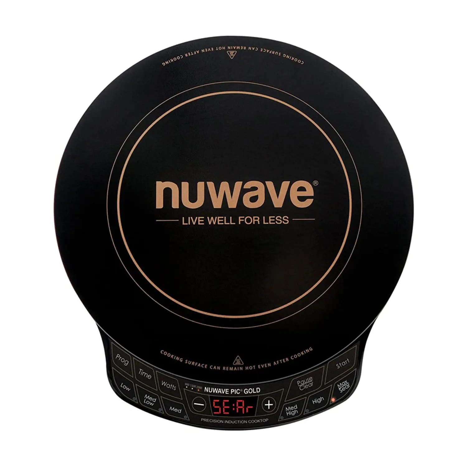 Black Nuwave PIC Gold 30211 single-zone induction cooktop with gold-colored trim and front controls.