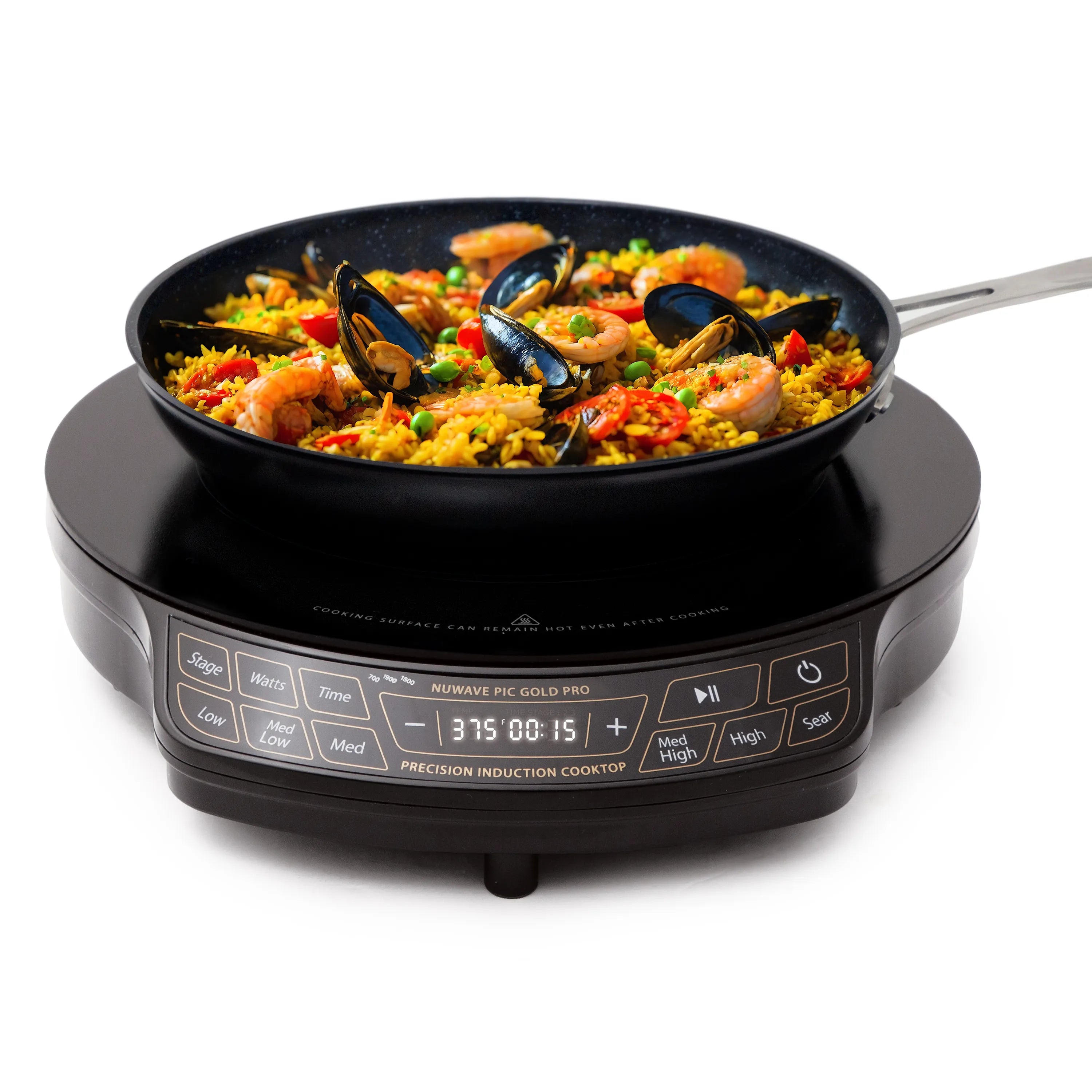 Black Nuwave PIC Gold Pro (30292LW) single-zone induction cooktop with a food pan on the ring and gold-trimmed front controls