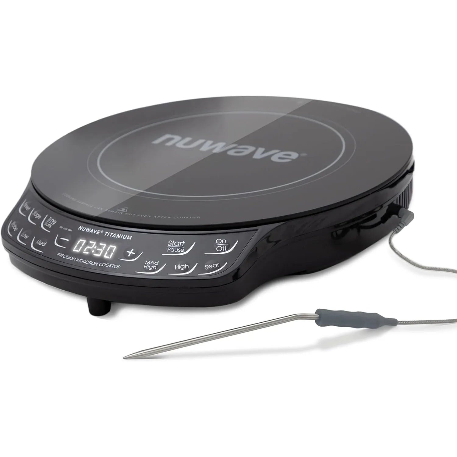 Black Nuwave PIC Titanium single-zone induction cooktop with its wired probe on a white background