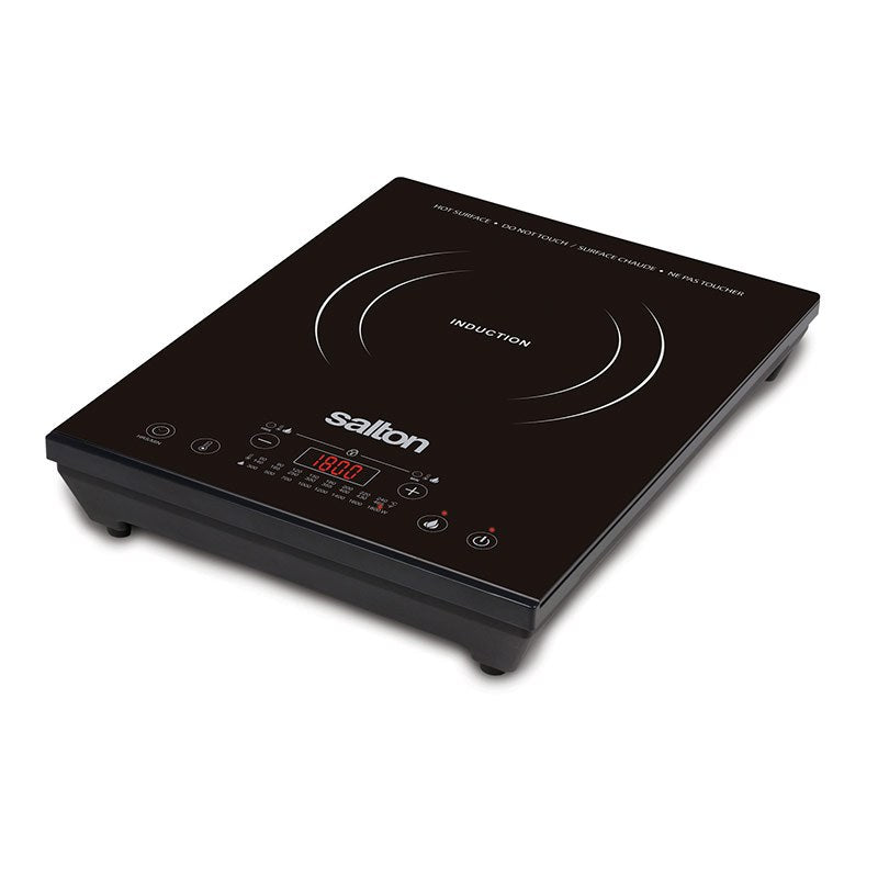 Black Salton ID1350 single-zone induction cooktop with circular cooking markings and front touch controls.