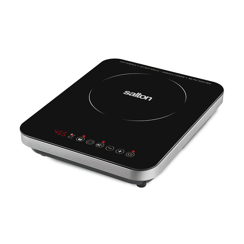 Salton ID1401 single-zone portable induction cooktop with a black glass top, circular cooking surface, front LED controls, and light side trim