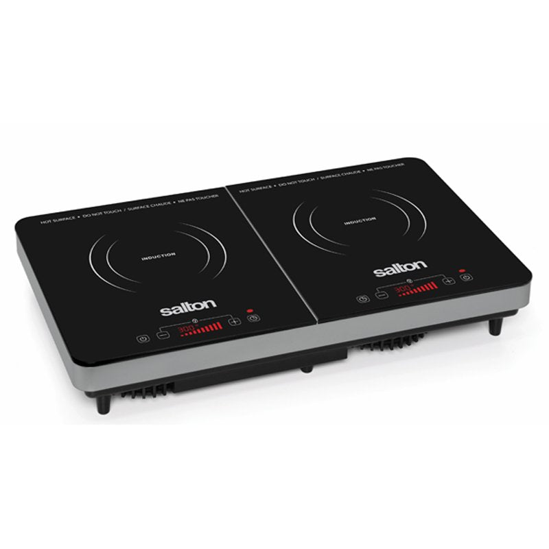 Black glass Salton double induction cooktop with two circular cooking zones, mirrored front controls and a silver-colored lower body, shown at an angle