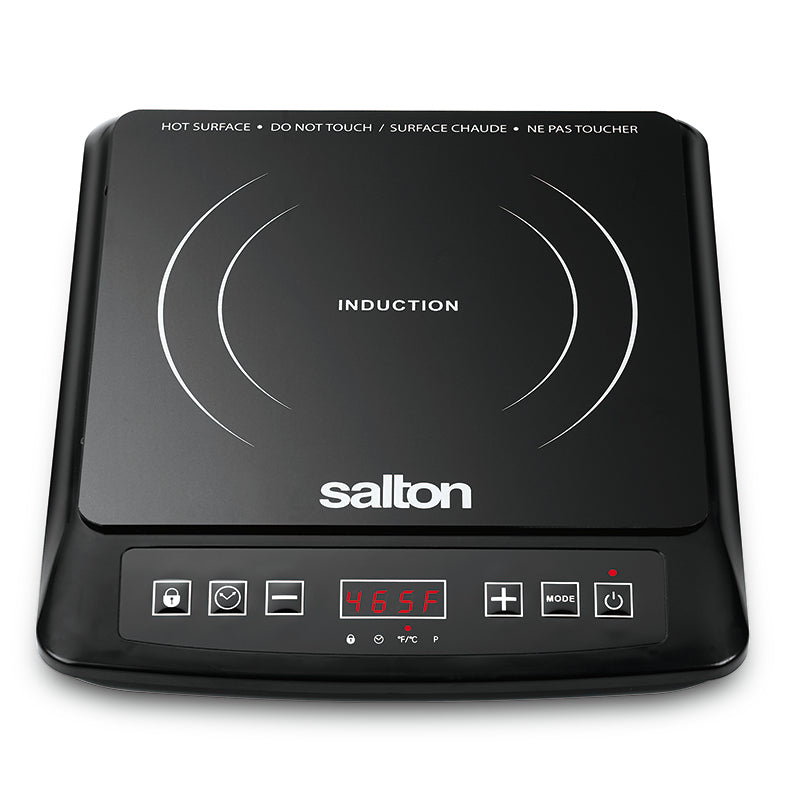 Black Salton ID1948 single-zone induction cooktop with circular cooking marks and a front control strip.