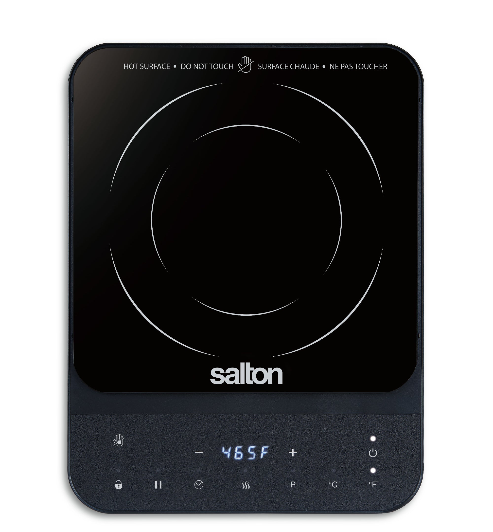 Black Salton ID2155 single-zone induction cooktop with circular cooking guide and front Pause, Keep Warm, Timer, Lock and temperature controls.