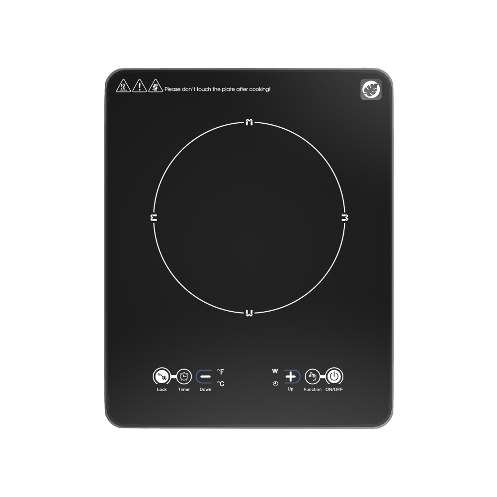 Black Simply Conserve single-zone portable induction cooktop, shown from above with one marked cooking ring and a front touch-control strip