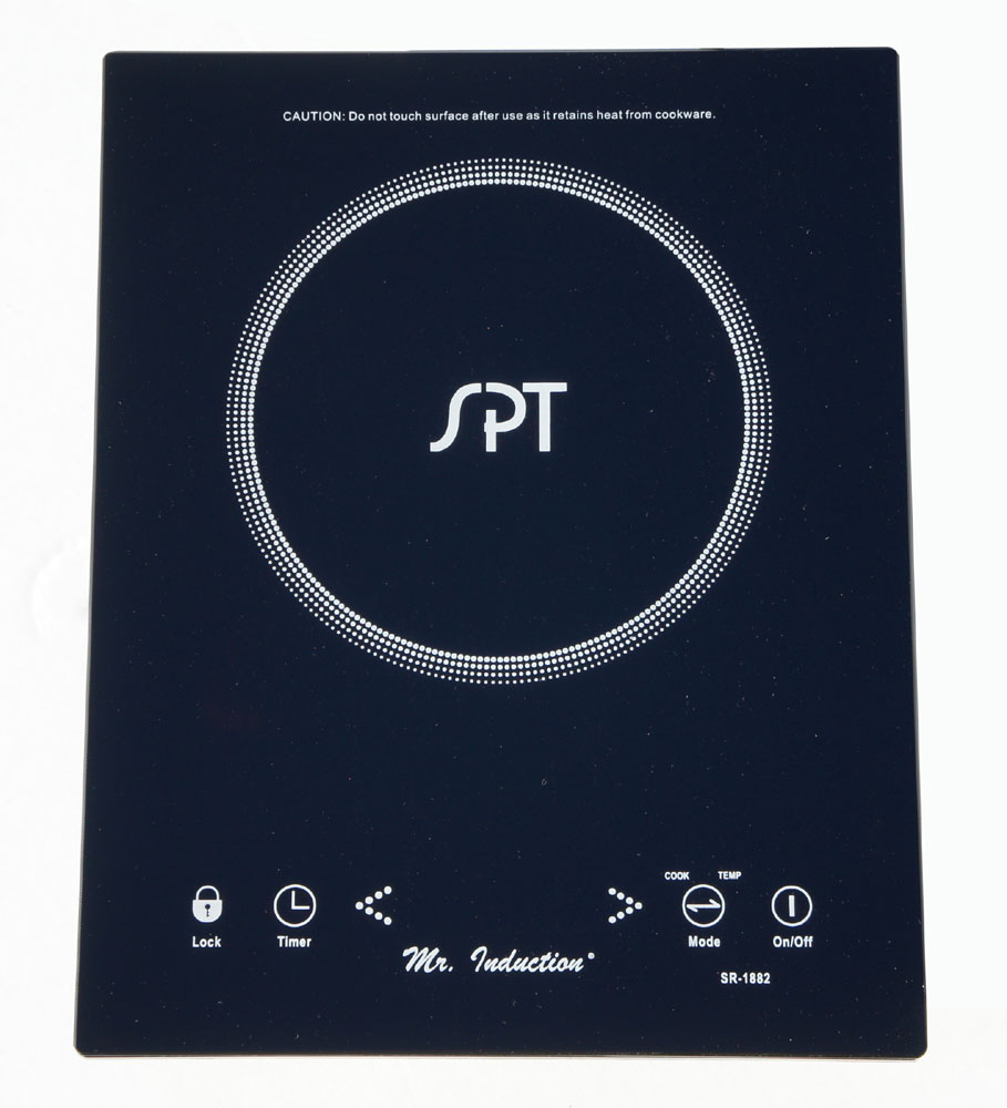 Black SPT SR-1882 single-zone induction cooktop viewed from above; touch controls and circular cooking zone are visible.