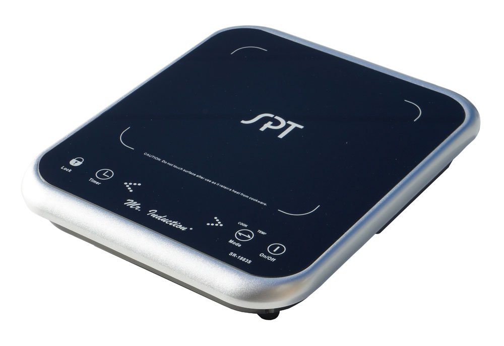 SPT SR-1883S one-zone induction cooktop with black glass surface, silver-colored trim and touch controls, shown from above at an angle