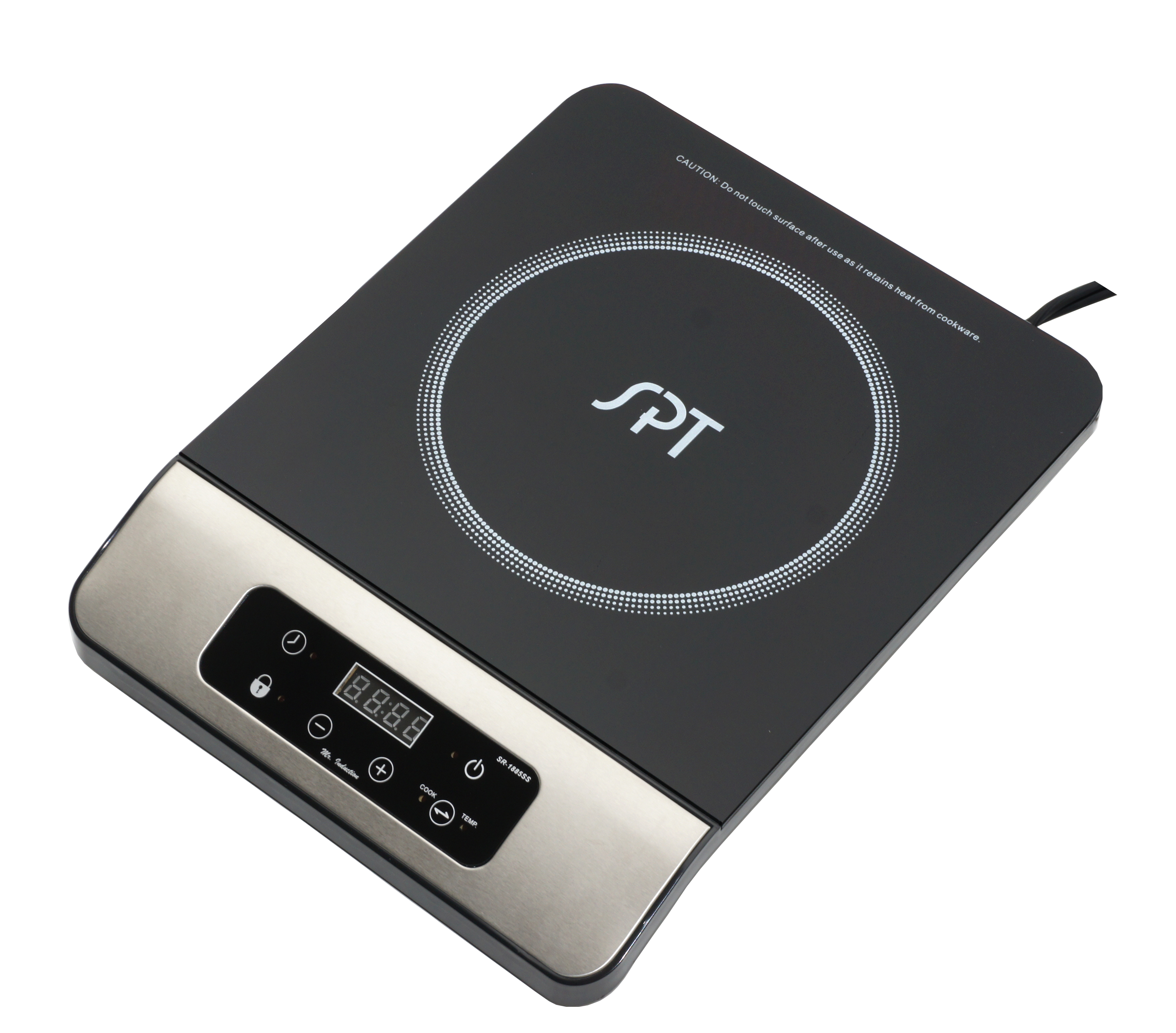 SPT SR-1885SS black-glass single-zone induction cooktop with touch plus/minus panel and silver-tone front fascia