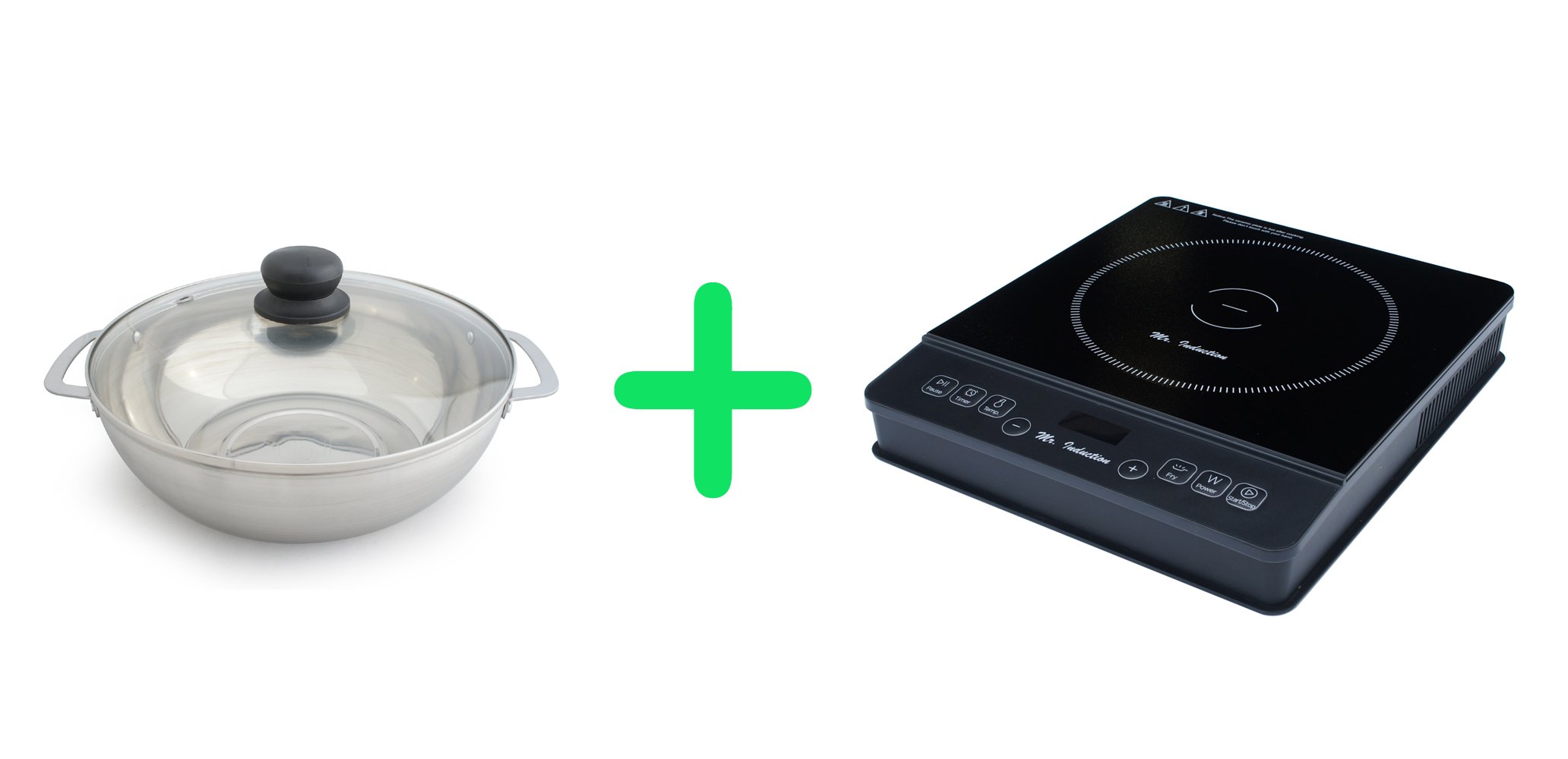 Wide manufacturer composite showing one black SPT SR-1886BK induction cooktop next to one HK-4200B stainless-steel pot with a glass lid