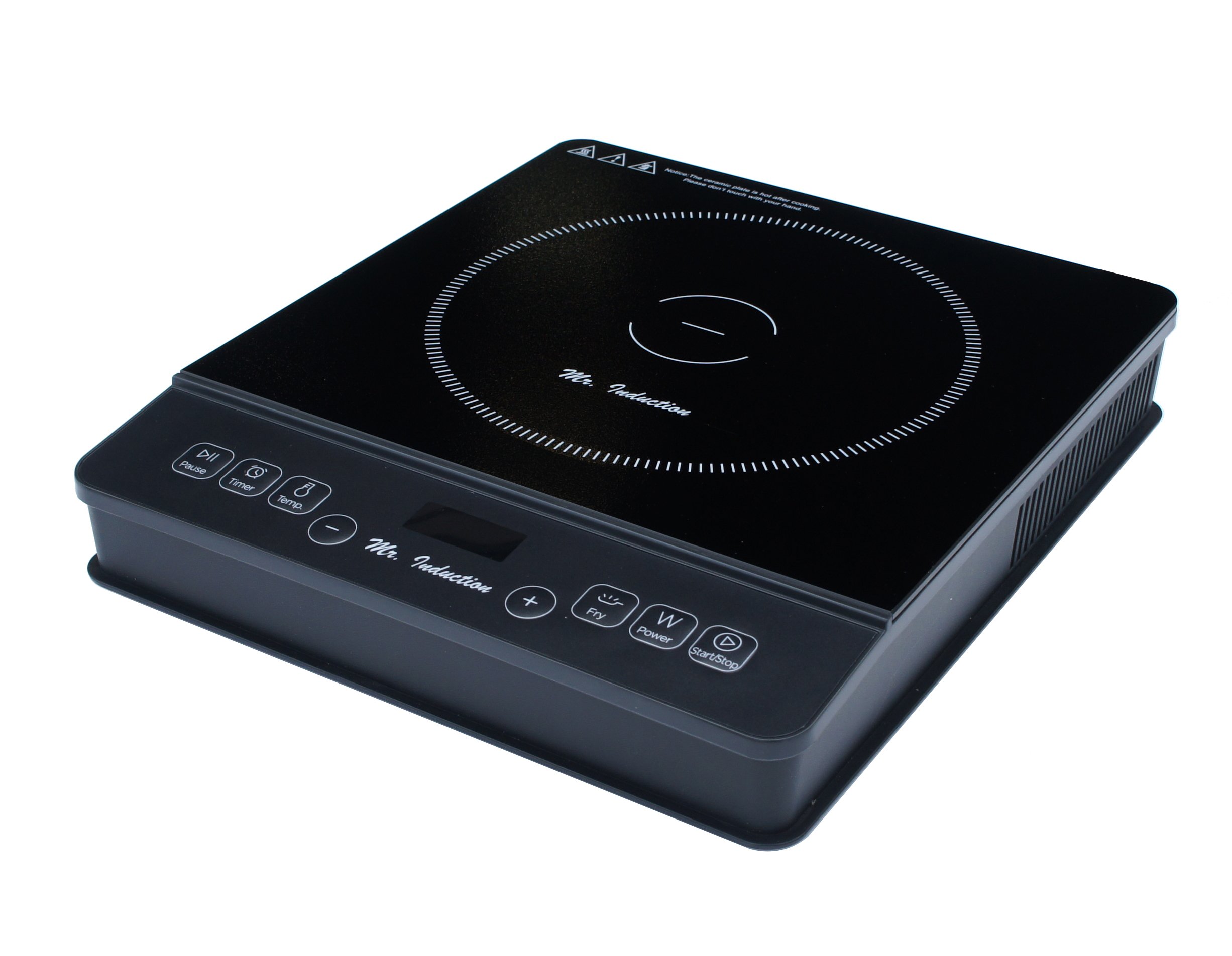 Black SPT SR-1886BK one-zone induction cooktop with Pause, Timer, Temp, Fry, Power and Start/Stop controls on its front panel