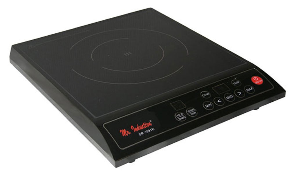 Black SPT SR-1891B induction cooktop with one marked cooking zone and a front control panel; SR-1891B appears on the control fascia