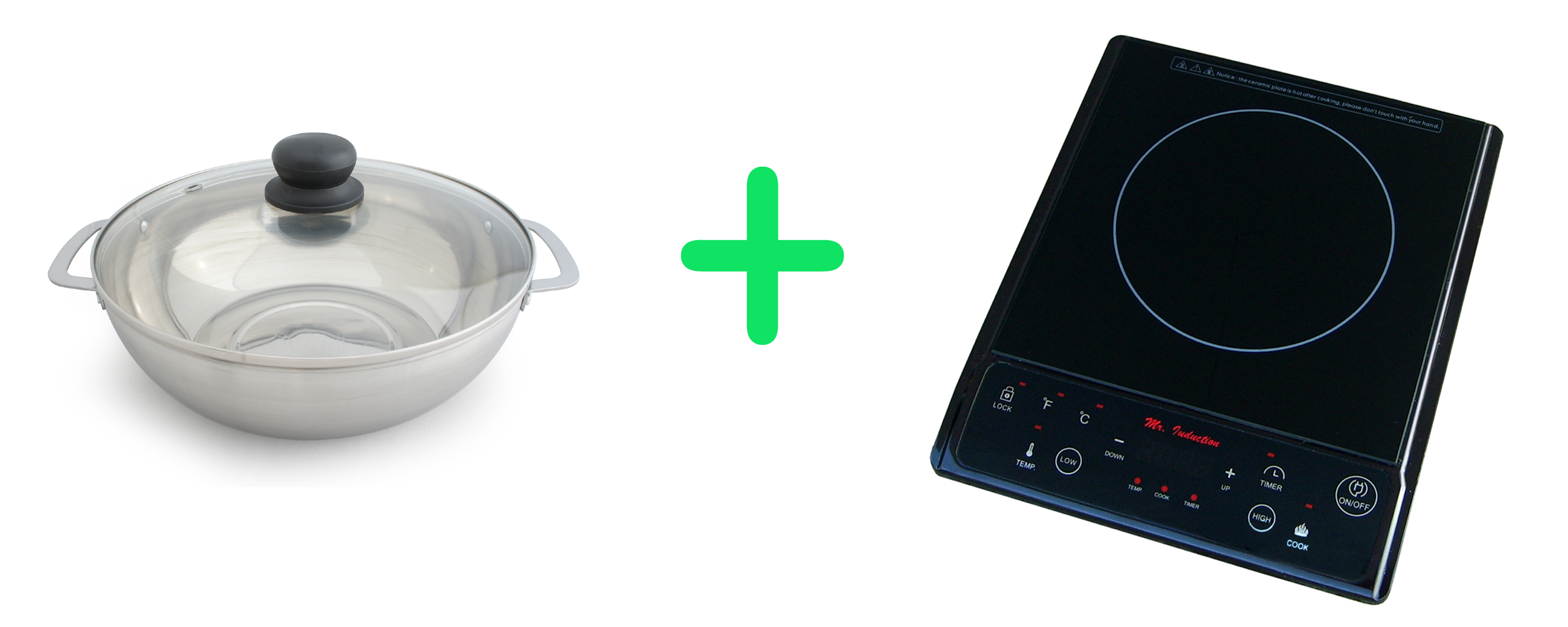 SPT black SR-964TB single-ring induction cooktop and HK-4200B stainless pot with glass lid shown as separate package components with a plus sign
