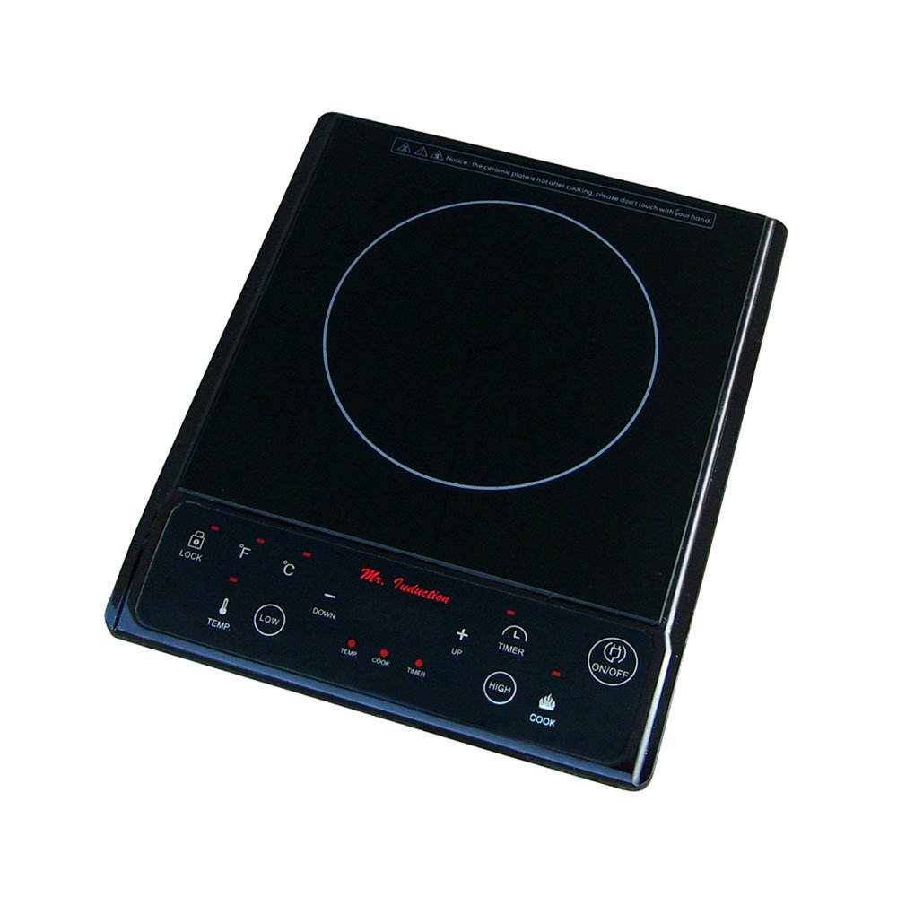 SPT SR-964TB black one-zone induction cooktop with a large marked ring and labeled front touch-control panel, viewed from above at an angle