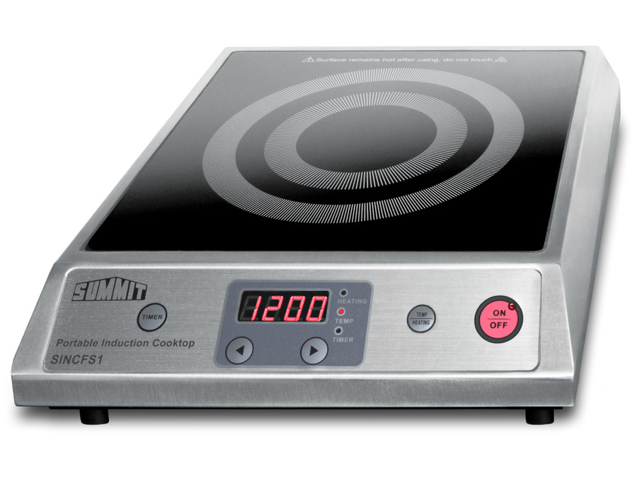 Stainless-and-black Summit SINCFS1 portable induction cooktop with one marked zone and front controls; SINCFS1 label visible on the body