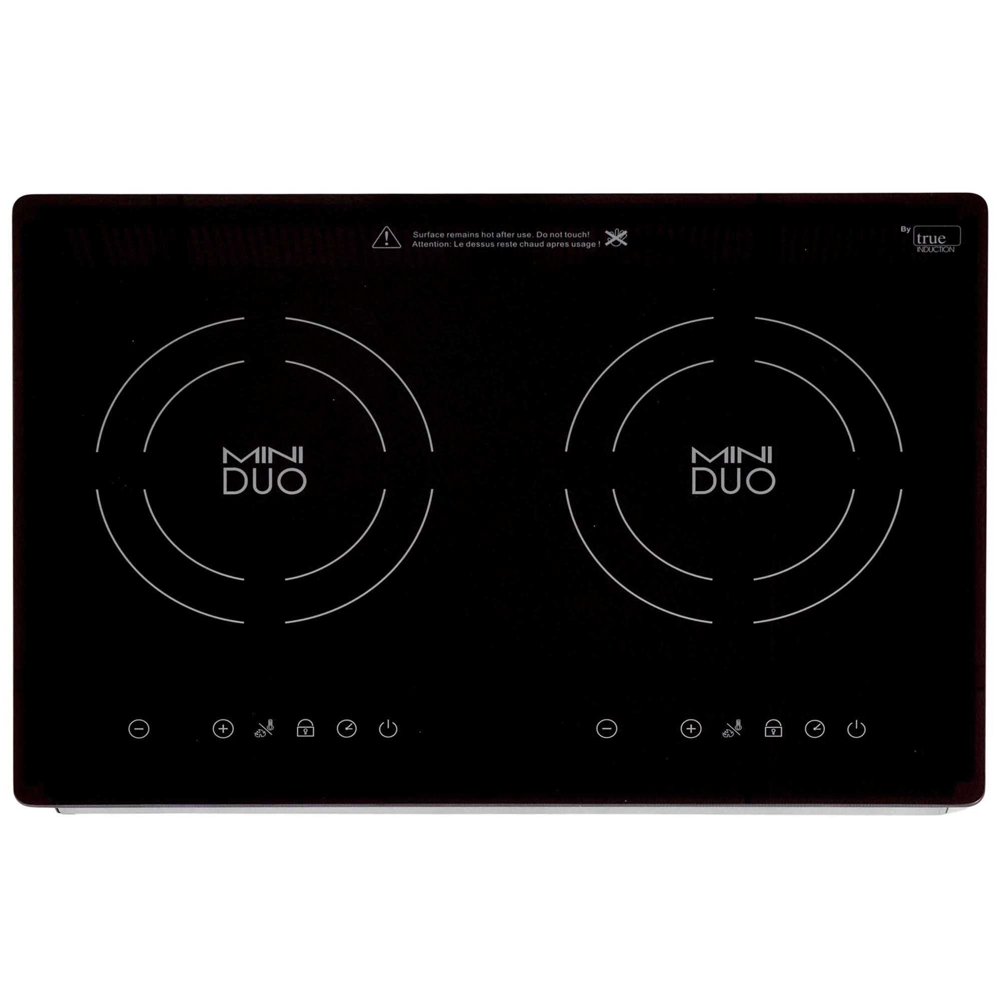 True Induction MD-2B Mini Duo two-zone cooktop with two burner rings and separate control groups.