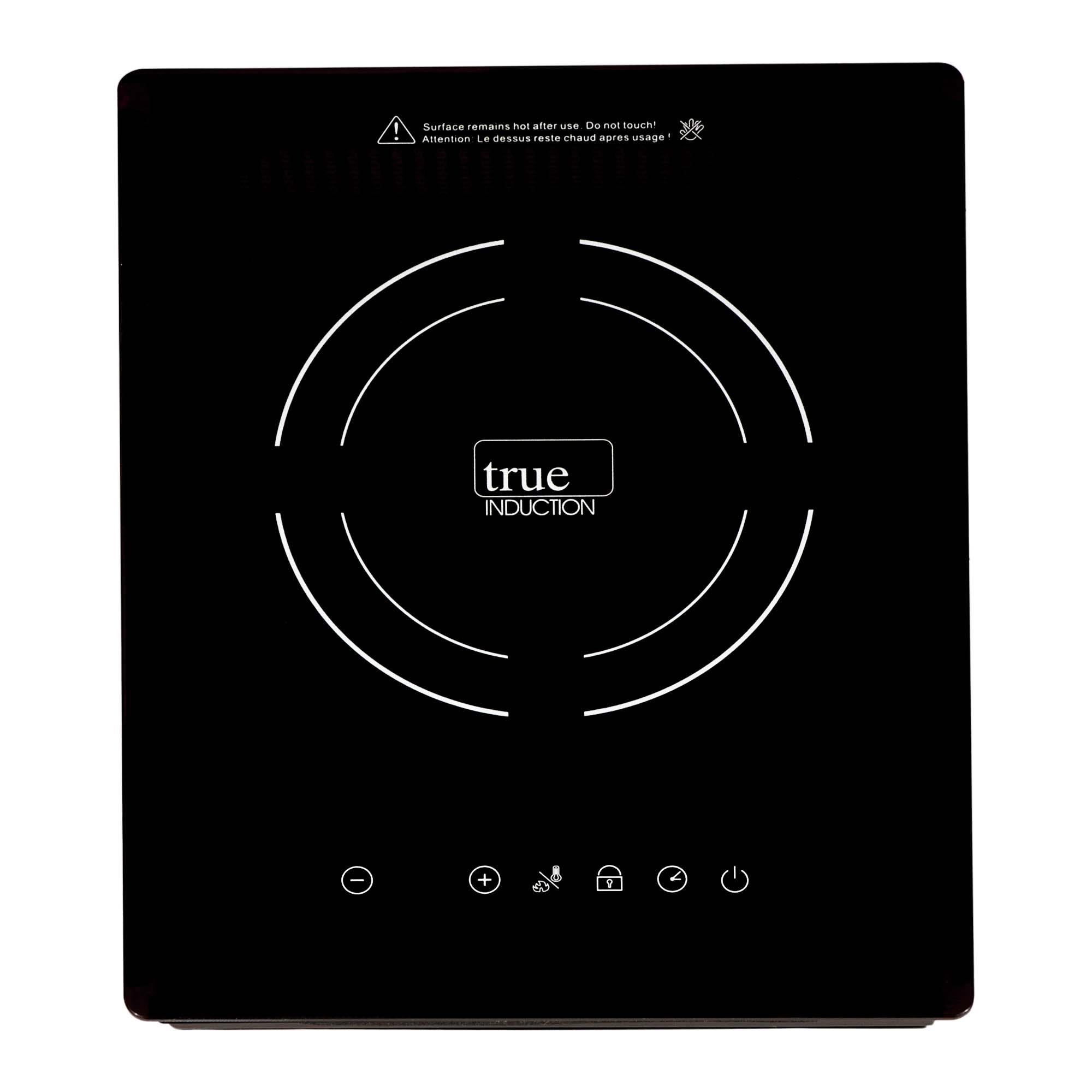 True Induction TI-1B black single-zone glass-ceramic induction cooktop with one marked cooking circle and touch controls.