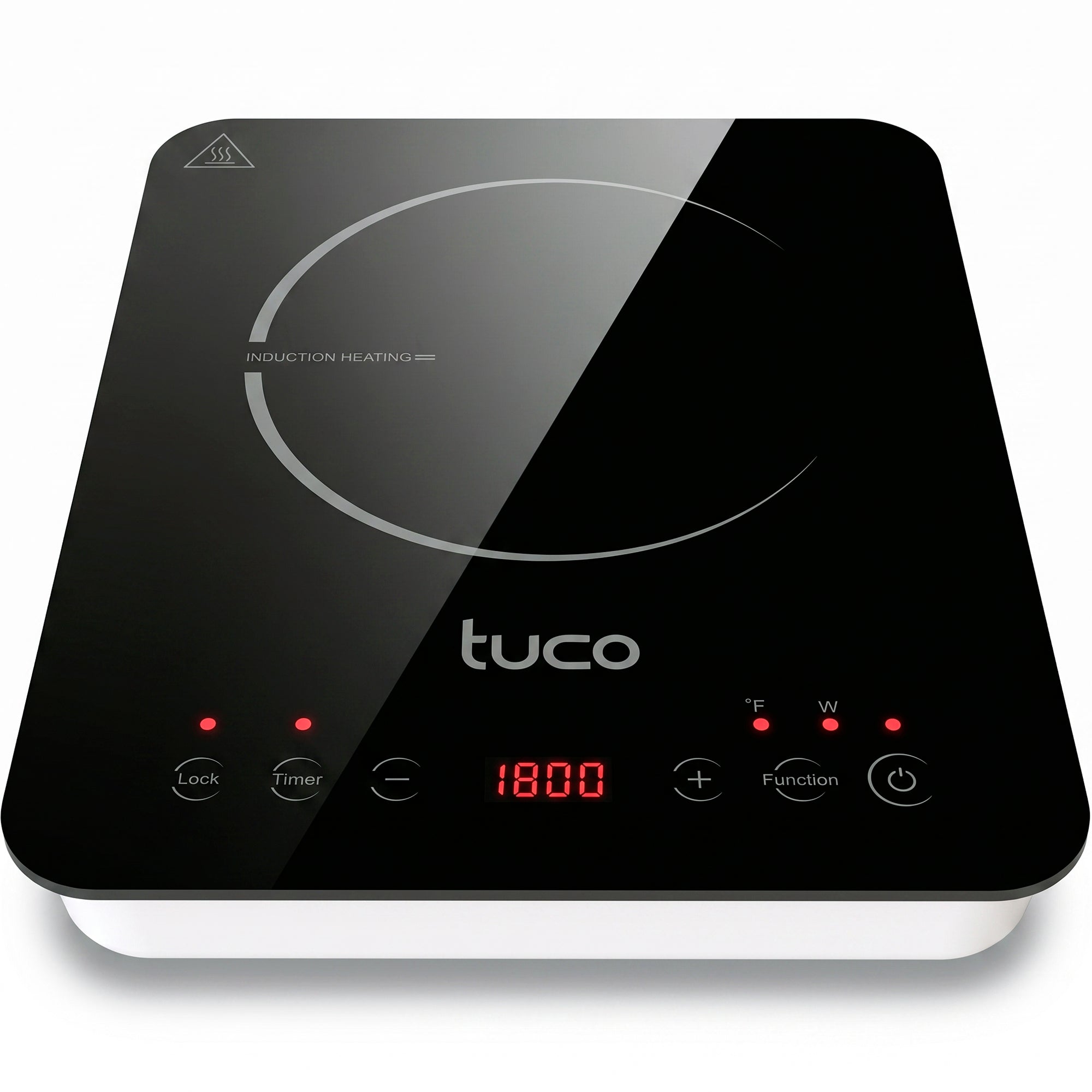 TUCO-PIC-BW portable induction cooktop with one marked black-glass cooking zone, numeric display and touch controls over a light-colored lower body